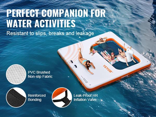 VEVOR Inflatable Floating Dock, 10x10FT Inflatable Dock Platform with 4*7FT Trampoline Mesh Pool, Non-Slip Floating Platform Water Mat with Portable Bag Detachable Ladder for Pool Beach Relaxation