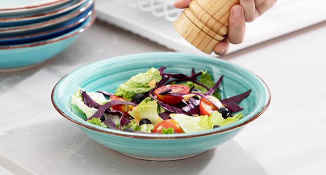 vancasso Stoneware Dinnerware Set Bonita Blue 18-Piece Service for 6, Handpainted Spirals Pattern Stoneware Combination Set with 10.6in Dinner Plate, 7.5in Dessert Plate and 21oz Soup Bowl