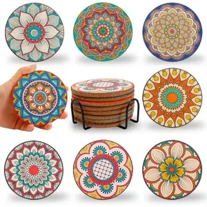 Set of 8 Round Boho Cork Coasters for Drinks, Cute Colorful Coaster with Holder, Decor for Apartment Farmhouse Office Bar, Birthday Gifts for Mom Grandma (Mandala 1)
