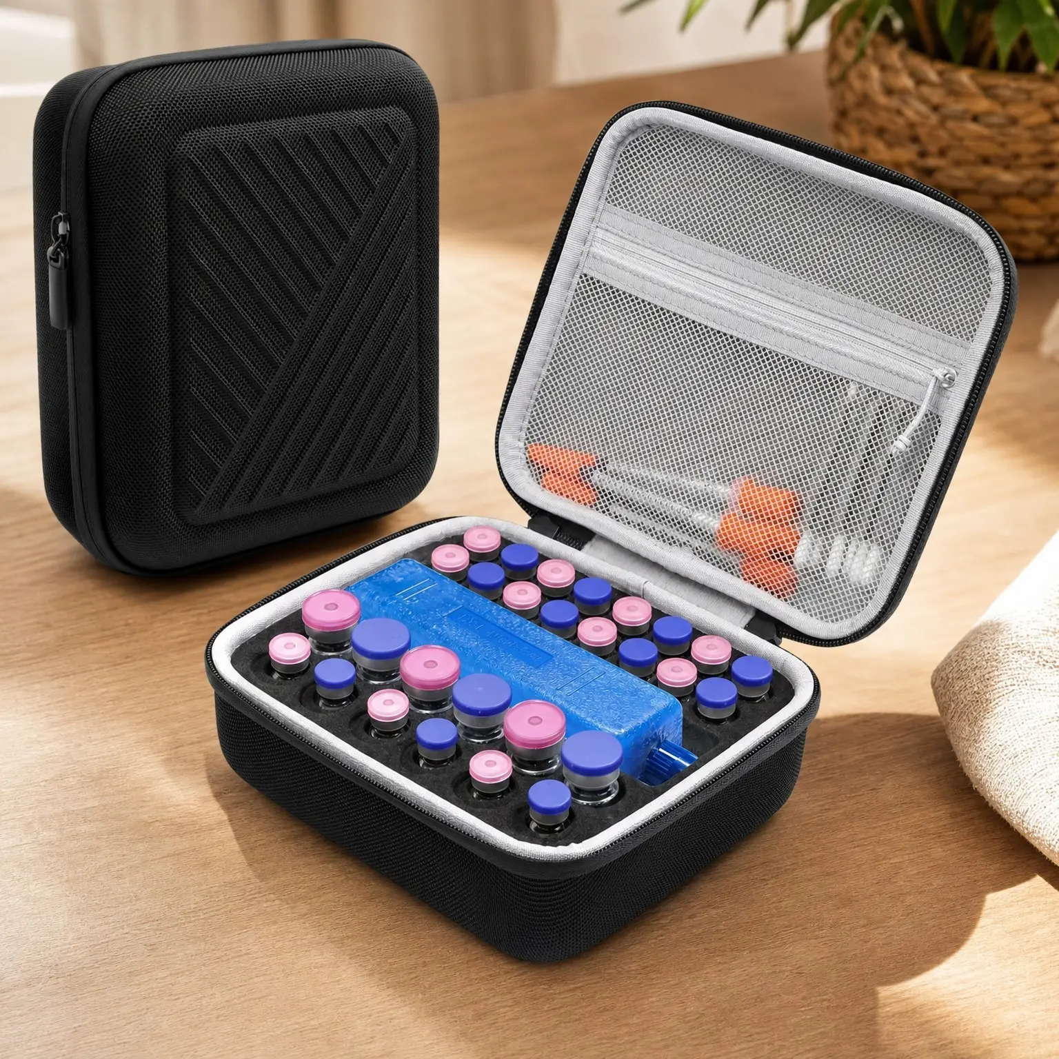 28-Slot Insulin Peptide Cooler Travel Case with Ice Packs - Hard Storage Organizer for Fridge, Fits 1ml, 3ml, 5ml, 10ml Vials, 16 Small & 12 Adjustable SlotsGift