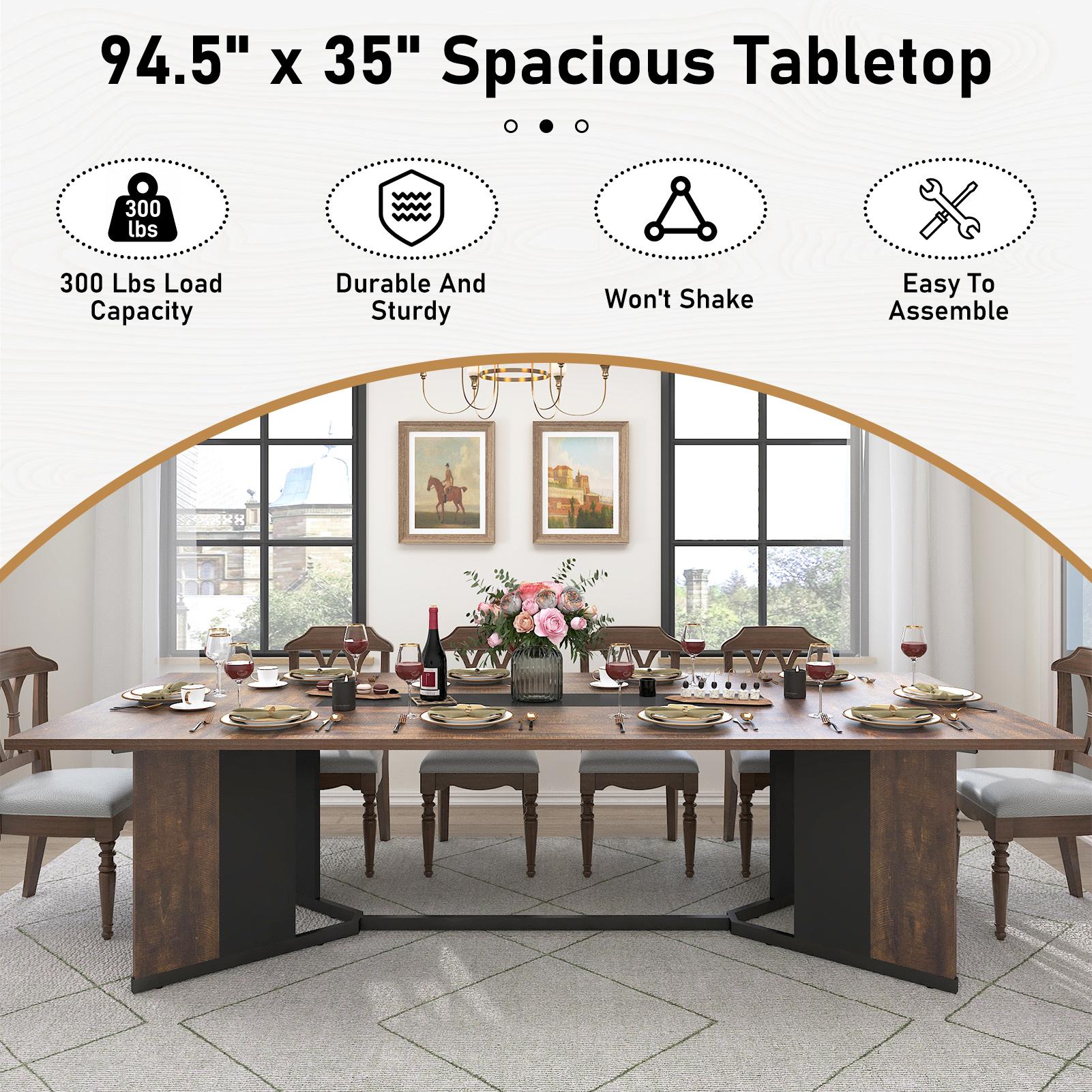 94 Inch Dining Table for 10 People,Modern Large Rectangular Kitchen Table W/Waterproof Wood Tabletop,Long Dining Room Tables W/Adjustable Legs&Metal Frame for Kitchen Living Room,Brown/White