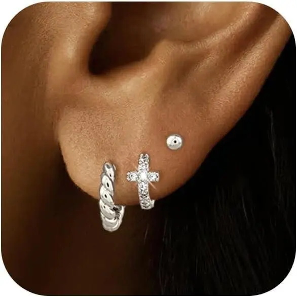 Silver-cz cross huggie set
