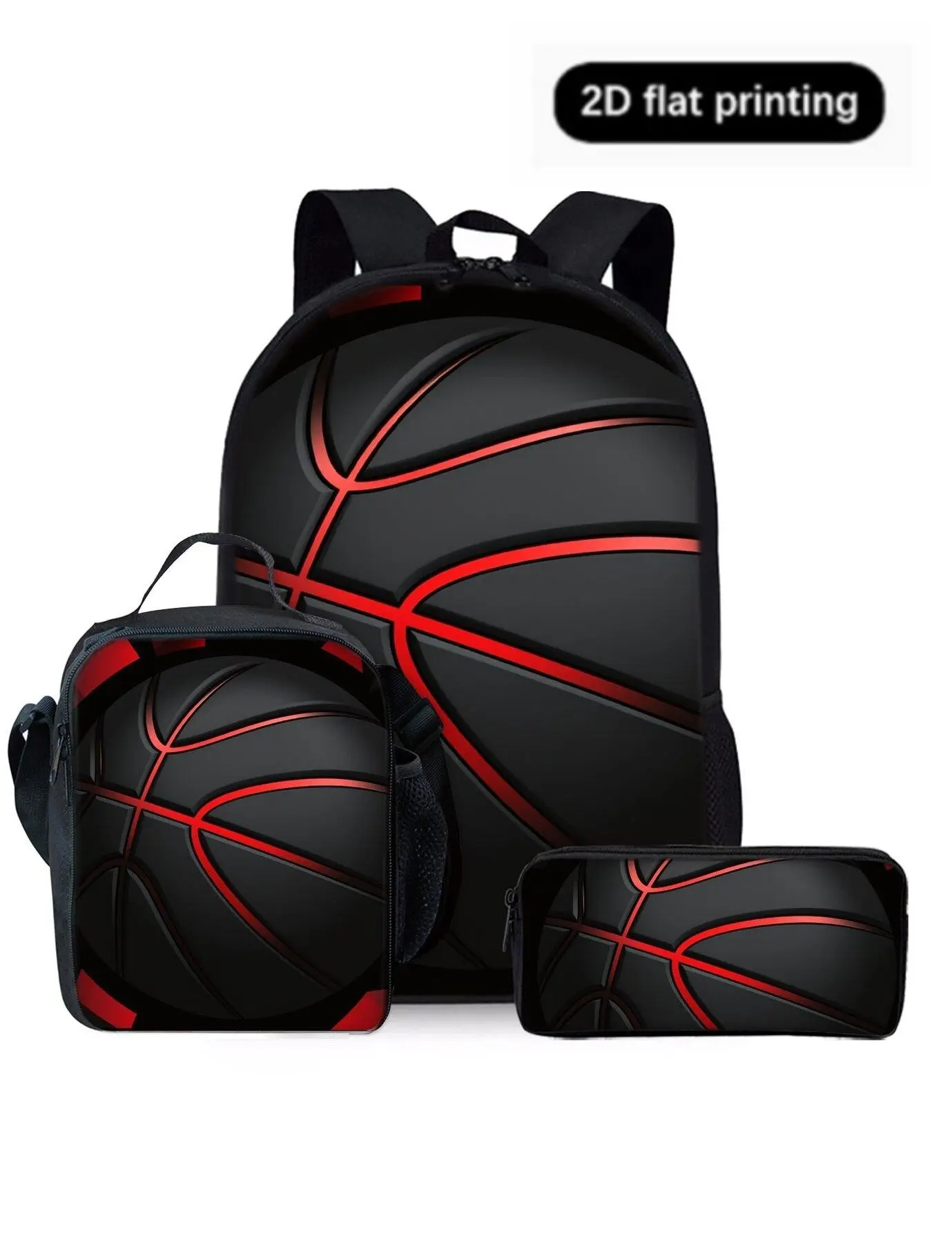 Basketball Pattern 2D Print Backpack Set, Three-Piece Lunch Bag Pencil Case Shoulder Bag, Casual Geometric Design, All Seasons