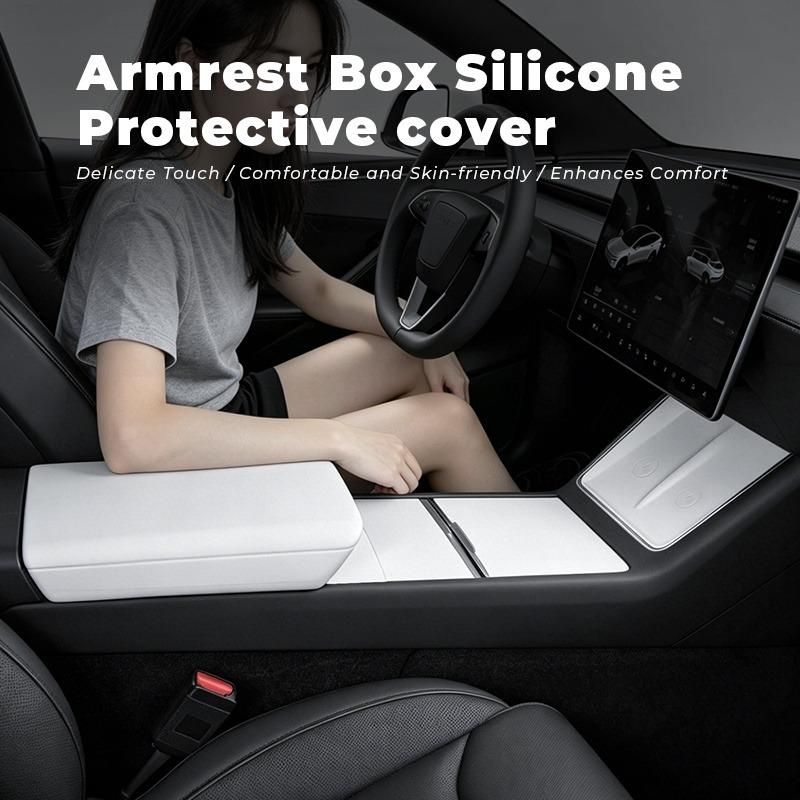 Custom Fit Molded Square Silicone Center Console Cover - Painted Clip-On Flip Top Protector for Tesla Model 3 Highland, Model Y Juniper, Durable, Anti-Scratch, Water Resistant Car Armrest Storage Accessory for Effective Interior Protection