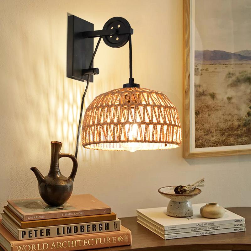 GLITGATE Boho Plug-in Wall Sconce without Bulbs for Livingroom,Hand-woven Rattan Wall Lamp With Adjustable Height,Wall Mounted Night Light,Bedside Wall Lamps for All E26 Bulbs for Bedroom,Living Room Decor (Bulbs Not Included)