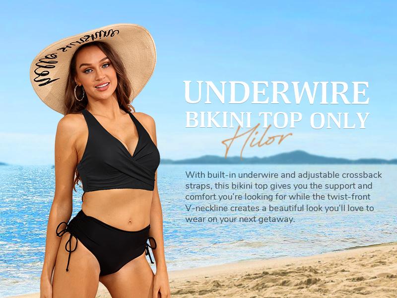 Hilor Women's Underwire Bikini Tops Push Up Criss Cross Swim Top Swimsuit Sexy V Neck Bikini Bathing Suit Top Only#outdoorfun