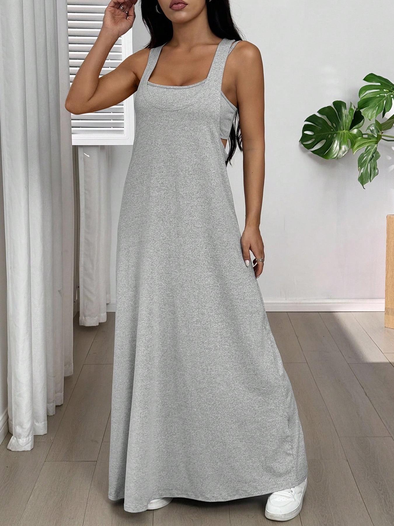 Women's 2pcs Heather solid color Tank Top & Cutout Maxi Dress Set , Soft Stretchy Fabric & Double-Strap Design Women's 2pcs Heather solid color Tank Top & Cutout Maxi Dress Set , Soft Stretchy Fabric & Double-Strap Design