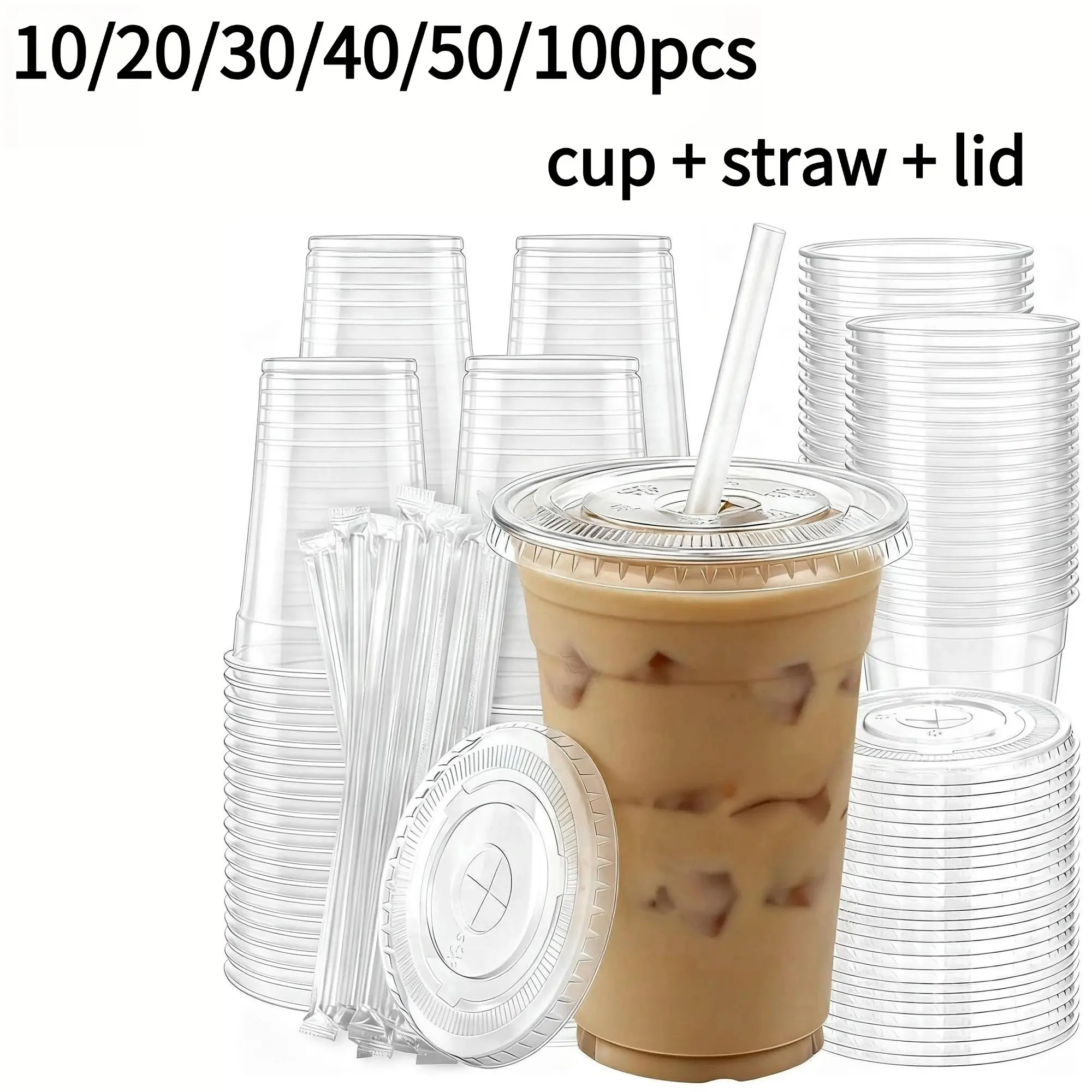 10/20/30/40/50/100 Pack 16oz Plastic Cups with Lids and Straws, Transparent Disposable Ice Coffee Cups, Leak-Proof Cold Drink Cups for Smoothies, Juices, Sodas, Parties