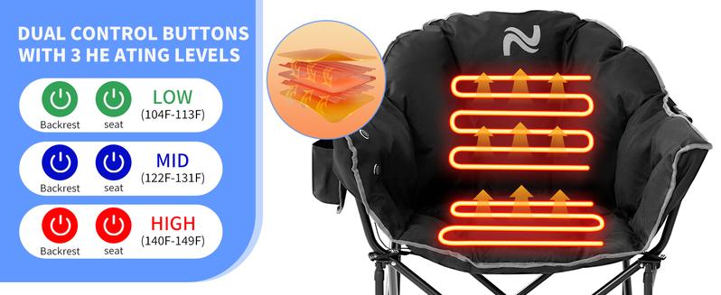 Lilypelle Oversized Heated Camping Chair, 3-Heat Level Padded Lounge Chair, Portable Round Moon Saucer Folding Chair for Camping, Patio & Lawn – USB Powered, No Battery Included
