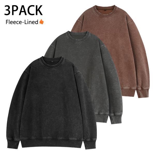 Men’s three-piece set: fleece-lined crewneck sweatshirt, retro washed loose fit, winter cotton pullover