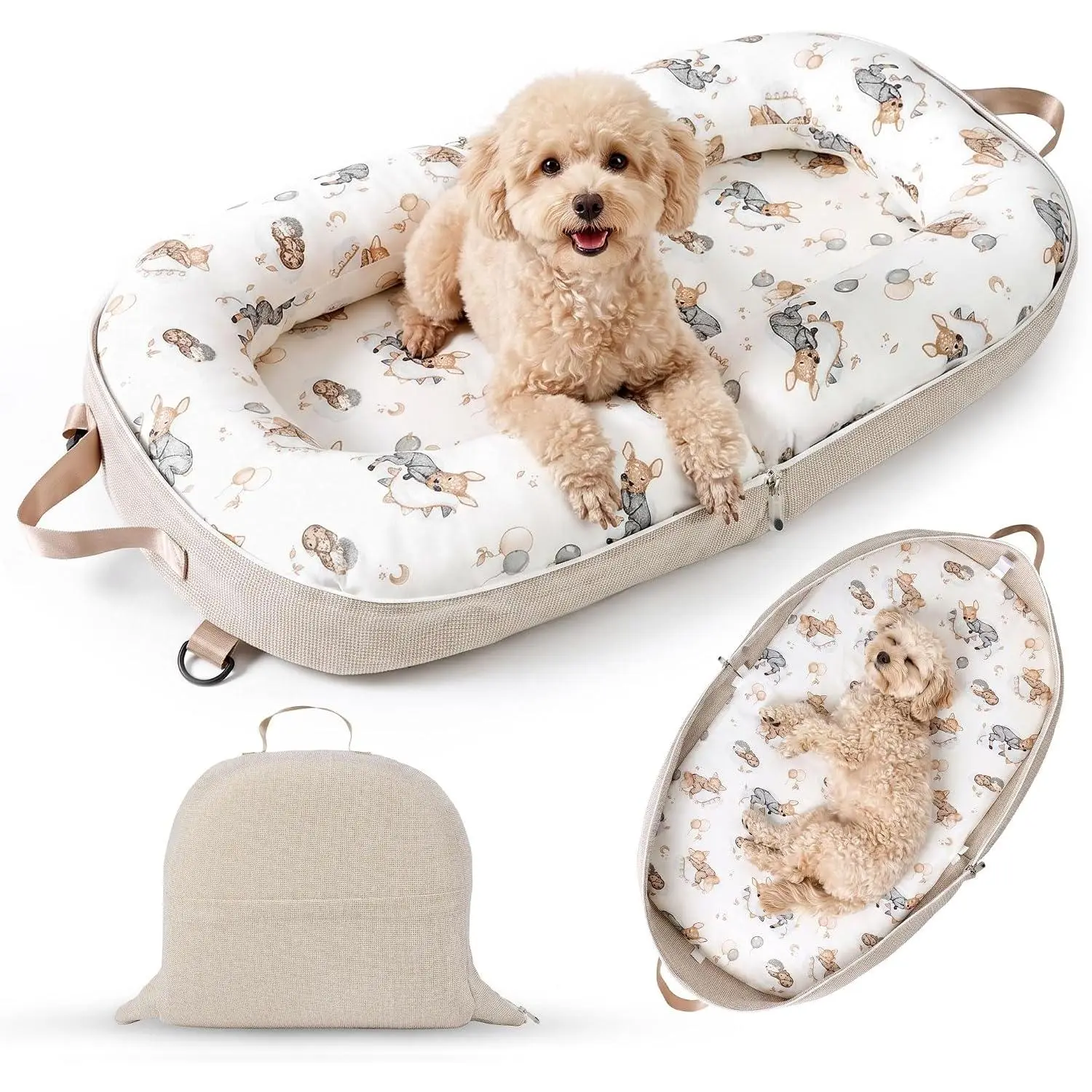 Dog Bed for Small Dogs & Cats, Foldable Travel Bed with Removable Bolsters