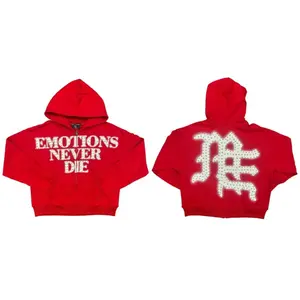 Mixed Emotion Rhinestone Letter Zip-Up Hoodie Red Oversized Streetwear "Emotions Never Die" Y2K Hip Hop Hooded Sweatshirt