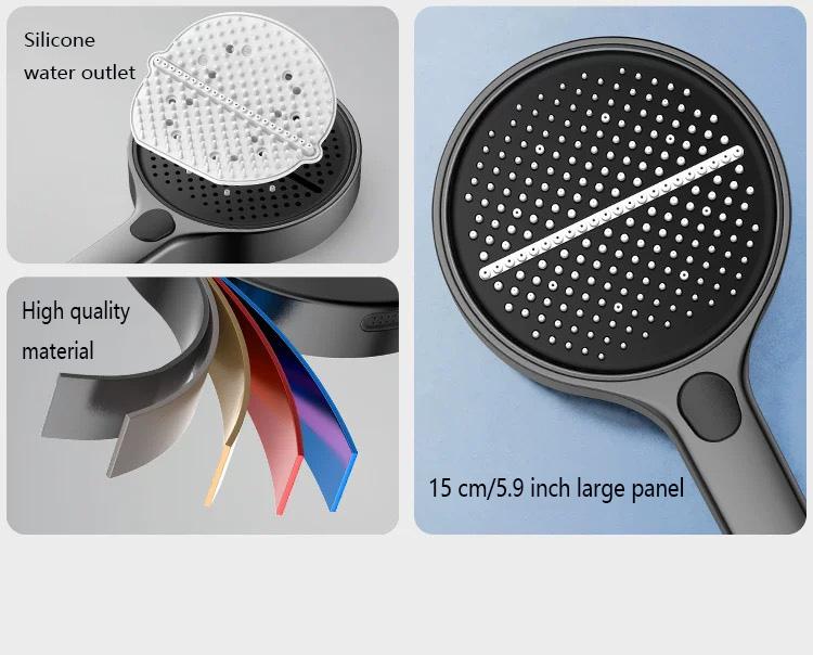 5.9-inch super large panel handheld showerhead features four water modes. It provides a powerful water flow that envelops your entire body and comes with a bracket and a 59in‘ soft hose, silver and gray
