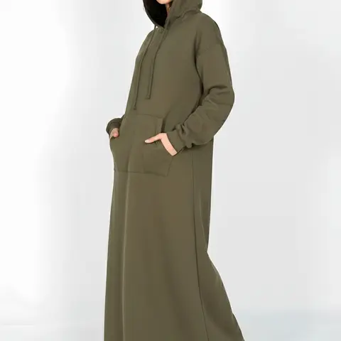 Women's Maxi Dress with Drawstring Pocket, Casual Modest Style Basic Loose Oversized Long Sleeve Sweatshirt, Comfortable Fall & Winter Fashion
