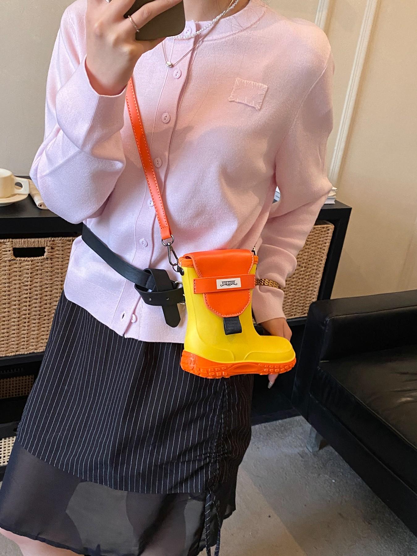 Unique Street Style Rain Boot Design, Playful Twist, Colorblock Pattern, Adjustable Shoulder Strap, Suitable for Sweet Girls & Cool Guys, High-End Look