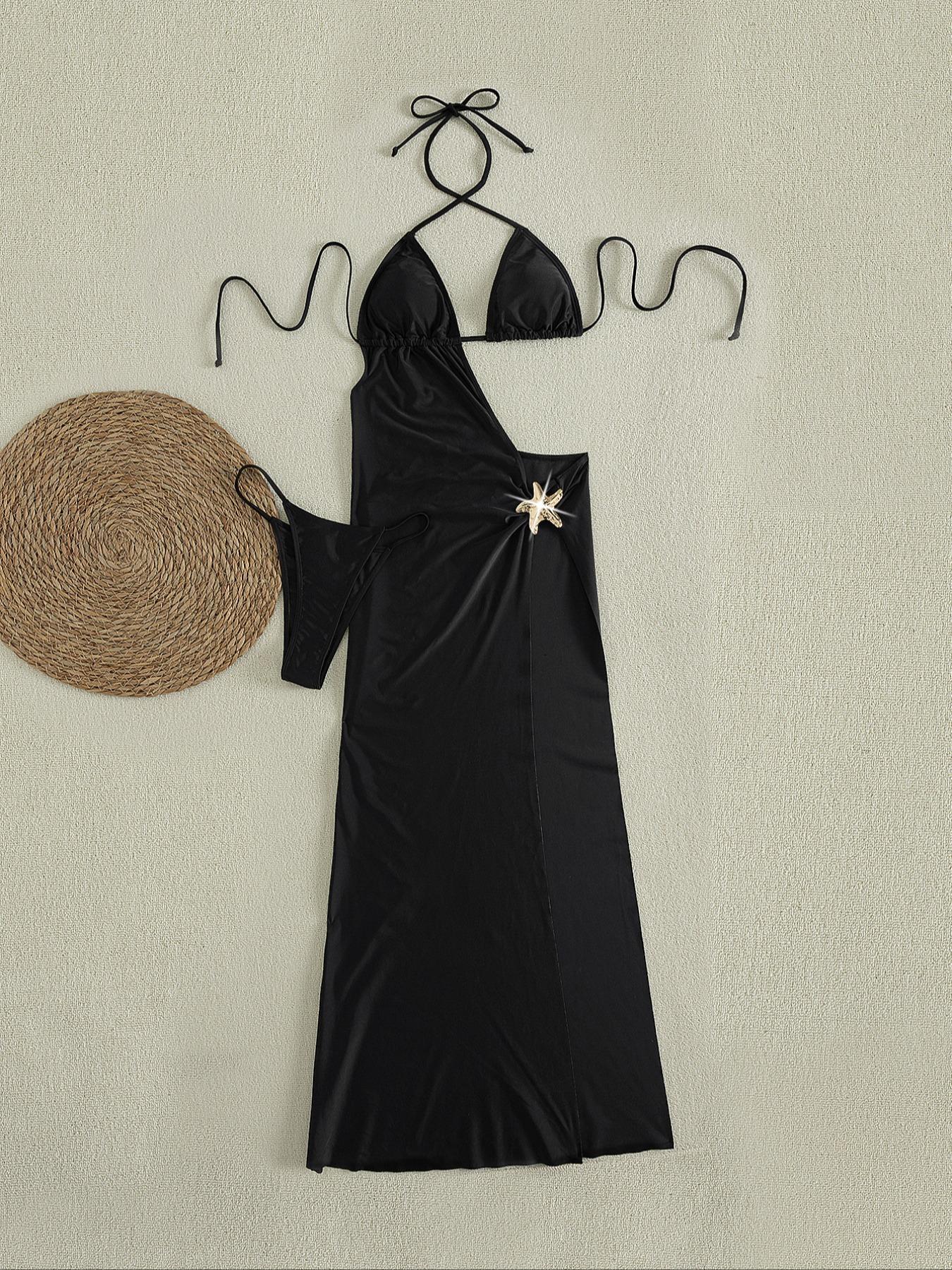 Women's Black One-Shoulder Sleeveless High Slit Maxi Dress with Gold Starfish Metal Accent - Side Cutout Sexy Party Dress for Nightclub, Beach Vacation, Festival Rave