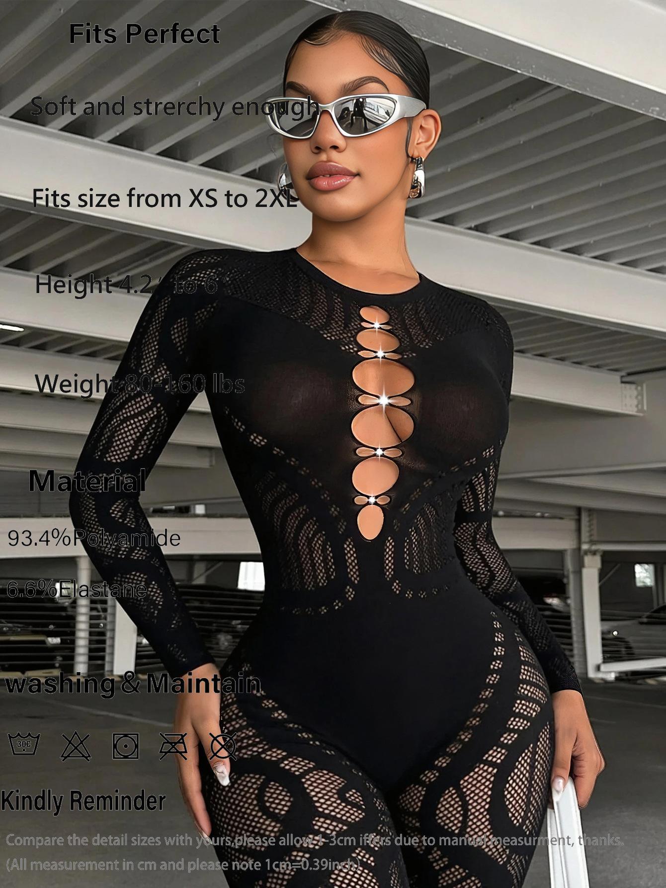 Women's High-Waist Rhinestone Hollow Thick-Knit Long-Sleeve Integrated Bodysuit Outerwear - Polyester, Romantic, Ethnic, Baroque, Anniversary Essential Fashion Clothing Accessory