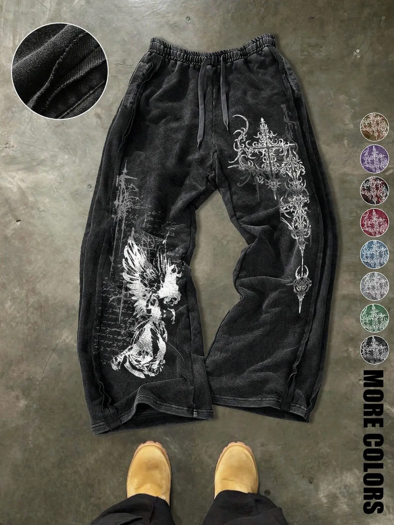 Vintage washed wide-leg sweatpants with gothic angel and cross retro print. Elastic drawstring waist, french terry fabric, dark alt streetwear, loose baggy floor-length pants for casual hip-hop style.