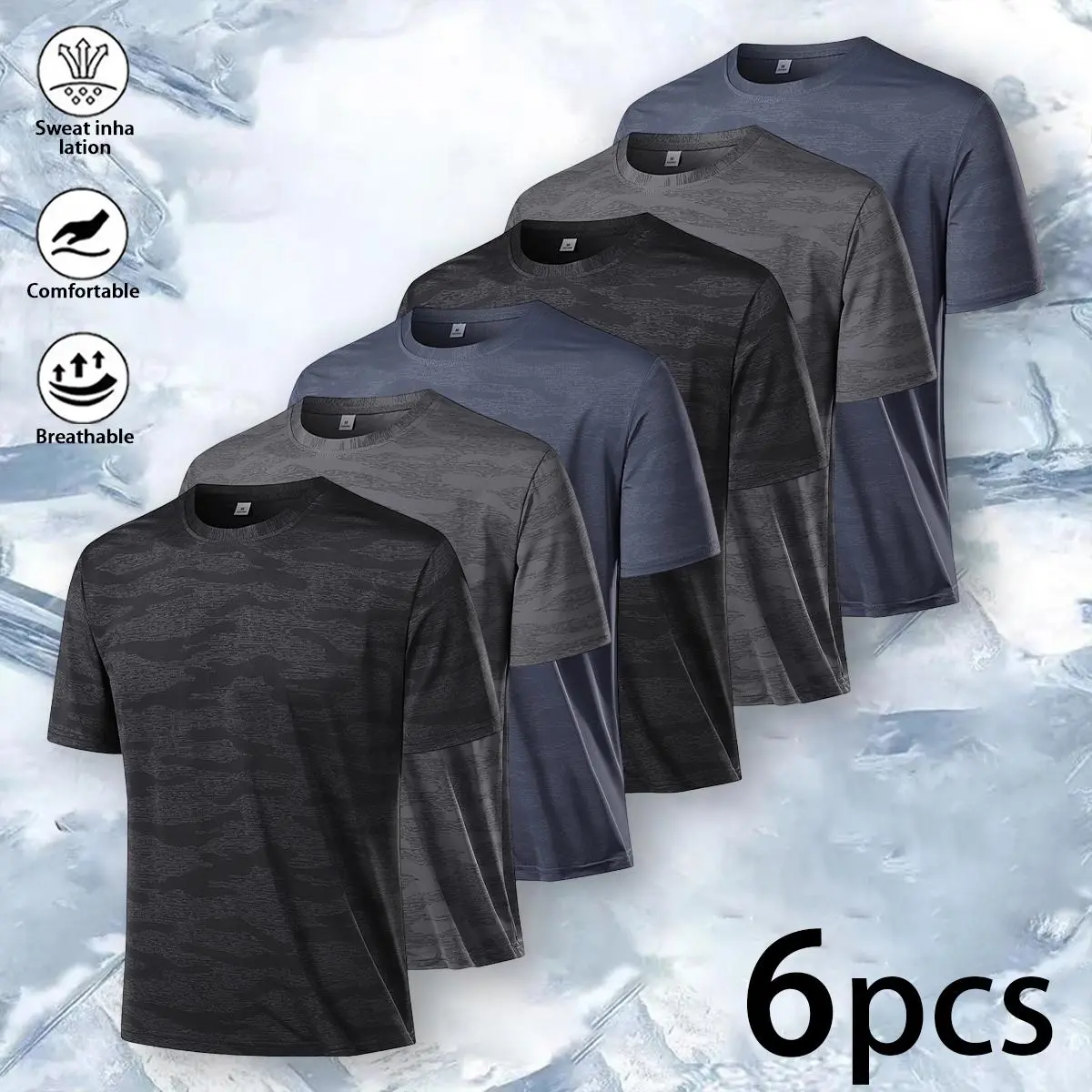 Men's 6-Piece Ice Silk Loose Short-Sleeved Medium-Length T-Shirts - Light Camouflage Round Neck Polyester Blend Fitness Shirts, Cool Breathable Machine-Washable Base Tops for Daily Commuting