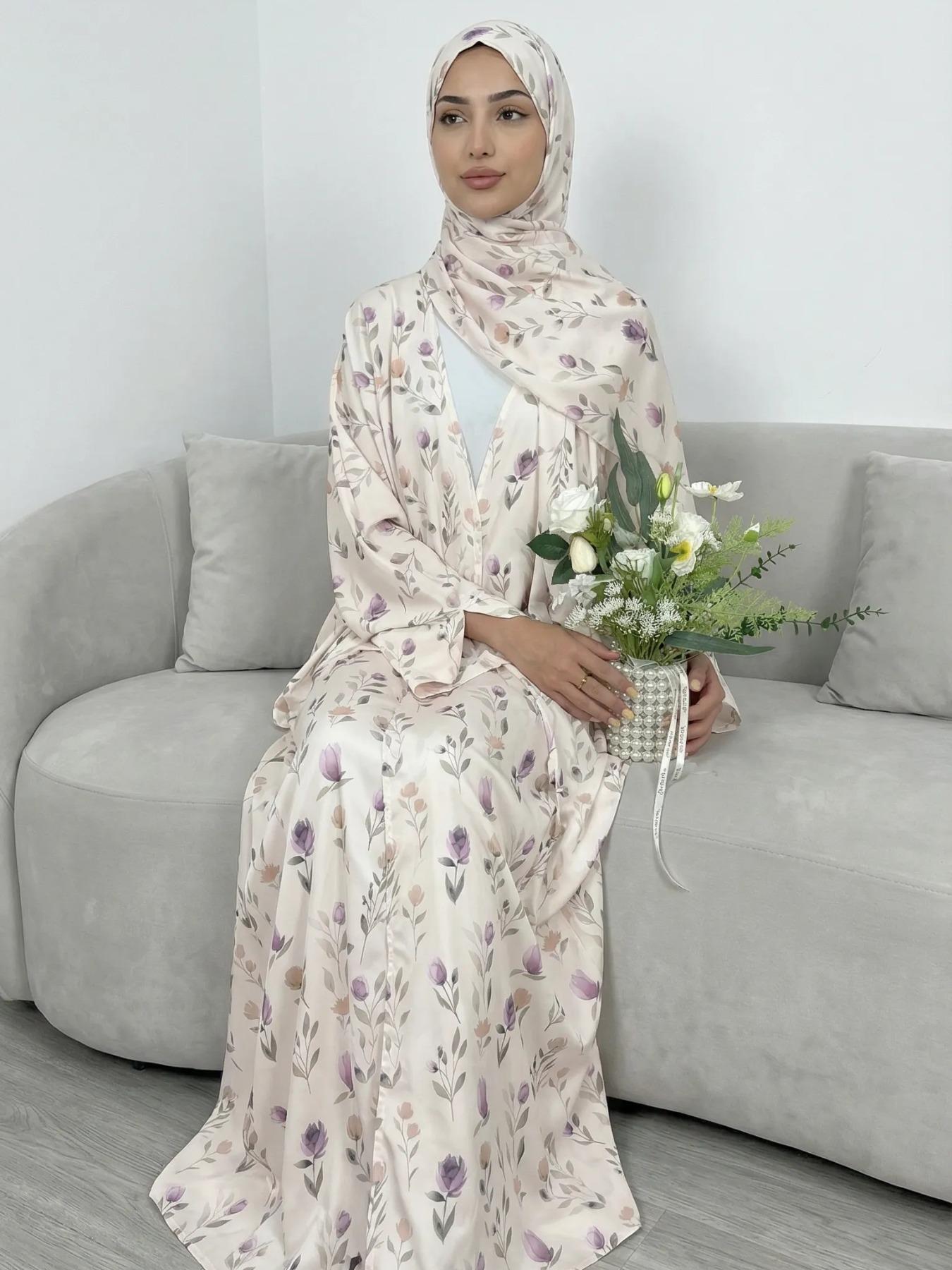 Elegant Floral Abaya Open Front Cardigan Long Robe Set, Perfect for Vacation Parties Gatherings, Includes Headscarf, Fashionable and Beautiful, Watercolor Abaya Set