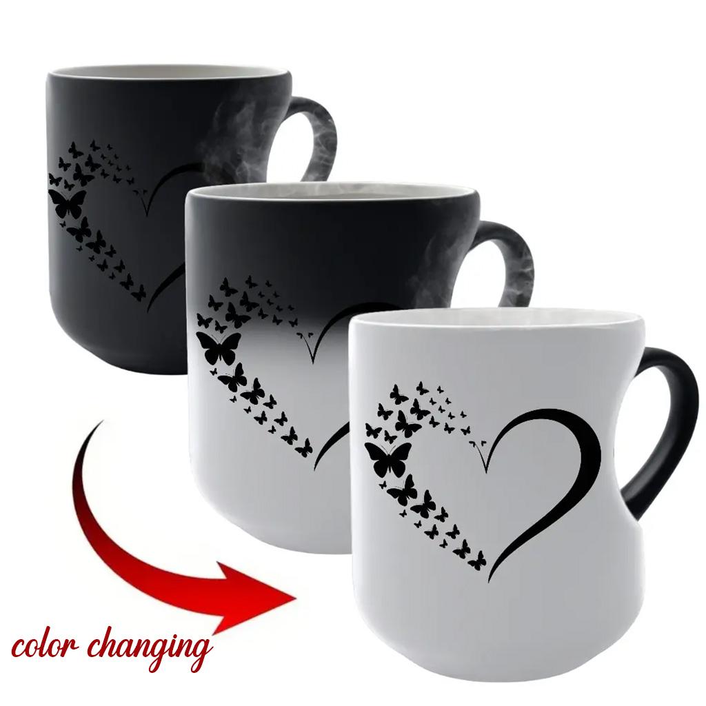 1pc 11Oz Ceramic Mug, Color Changing Mug, Black And White Color Changing Design, Heart-Shaped Handle, Butterfly and Heart Pattern Printing, Heat Sensitive Color, Perfect Gift for Coffee Lovers, Christmas Gift, Birthday Gift, Drinking Cup