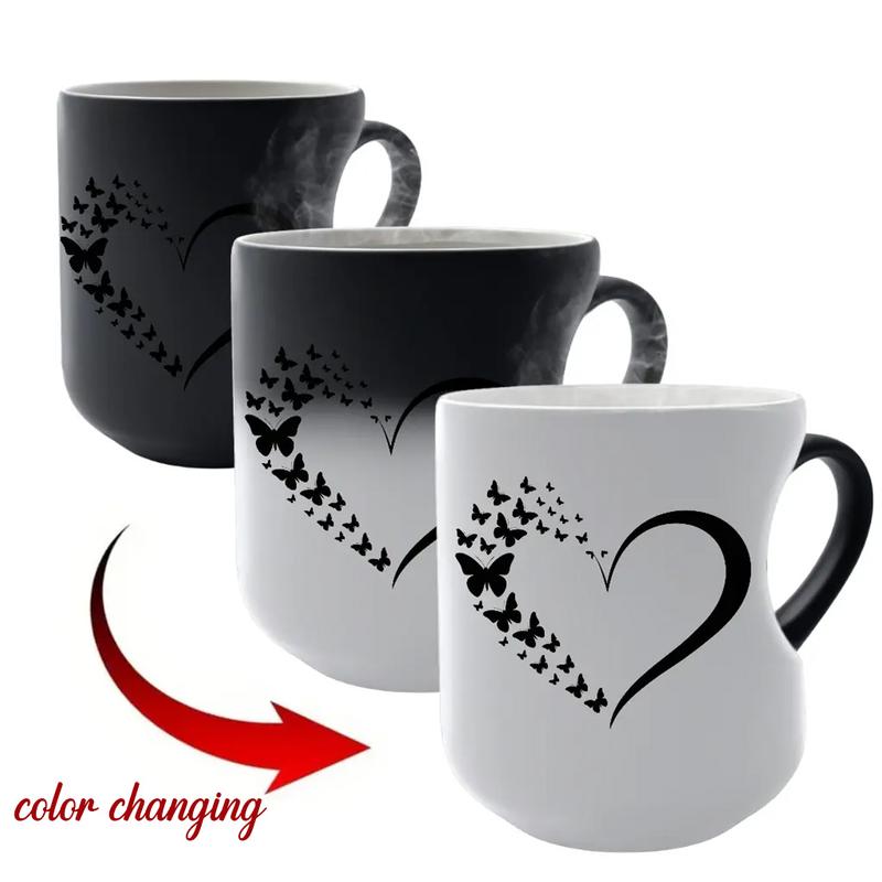 1pc 11Oz Ceramic Mug, Color Changing Mug, Black And White Color Changing Design, Heart-Shaped Handle, Butterfly and Heart Pattern Printing, Heat Sensitive Color, Perfect Gift for Coffee Lovers, Christmas Gift, Birthday Gift, Drinking Cup