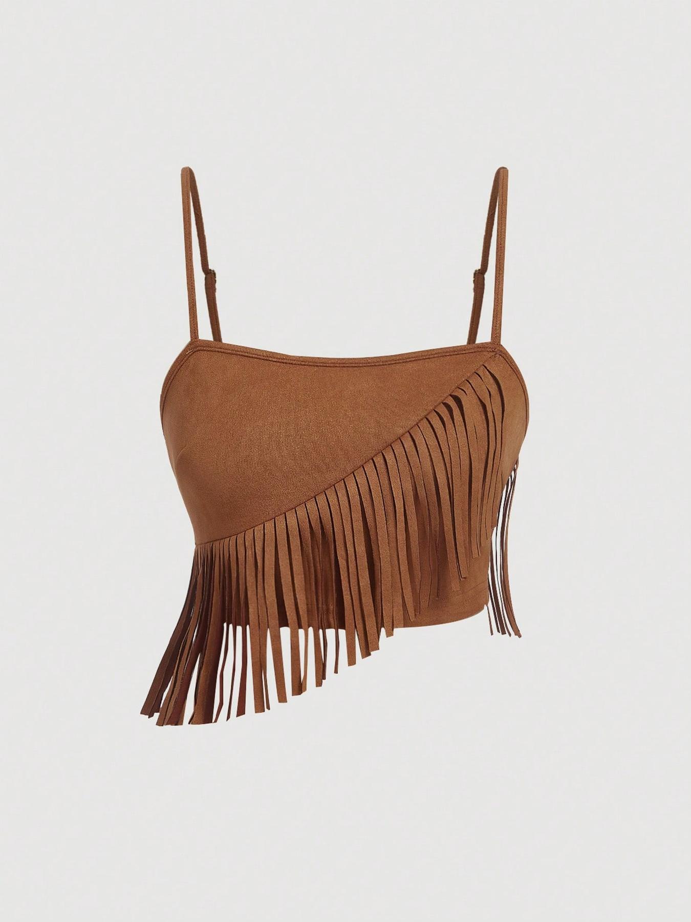 Adjustable Strap Fringe Outfit - Western Baddie Spaghetti Strap Cami & Skirt Matching Set