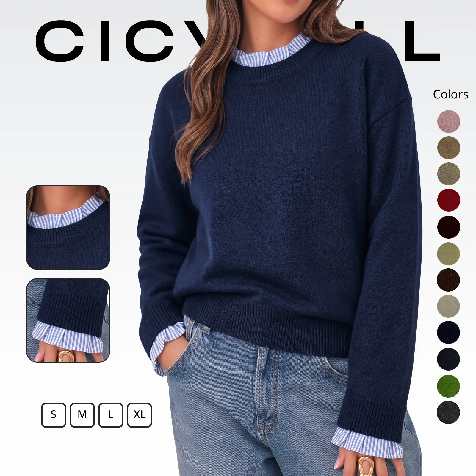 Cicy Bell Womens Long Sleeve Sweater Ruffle Crew Neck Patchwork Knit Tops | Striped Cuff Pullover Sweater, Fall Winter, Ribbed Knit, Loose Fit, Drop Shoulder