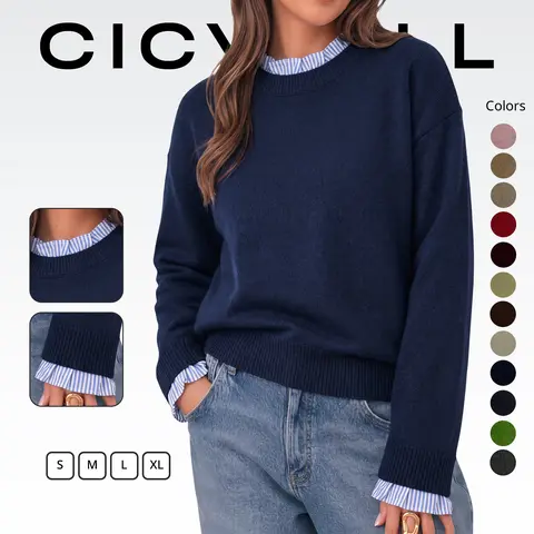 Cicy Bell Womens Long Sleeve Sweater Ruffle Crew Neck Patchwork Knit Tops | Striped Cuff Pullover Sweater, Fall Winter, Ribbed Knit, Loose Fit, Drop Shoulder