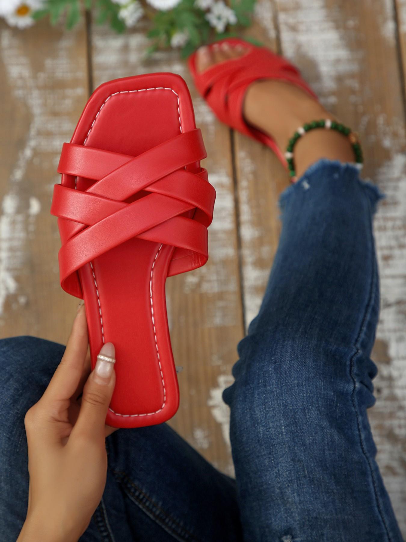 Women's Flat Square Toe Cross-Over Braided Slip-On Shoes, Comfortable Outerwear Footwear, Stylish and Practical Design for Daily Wear