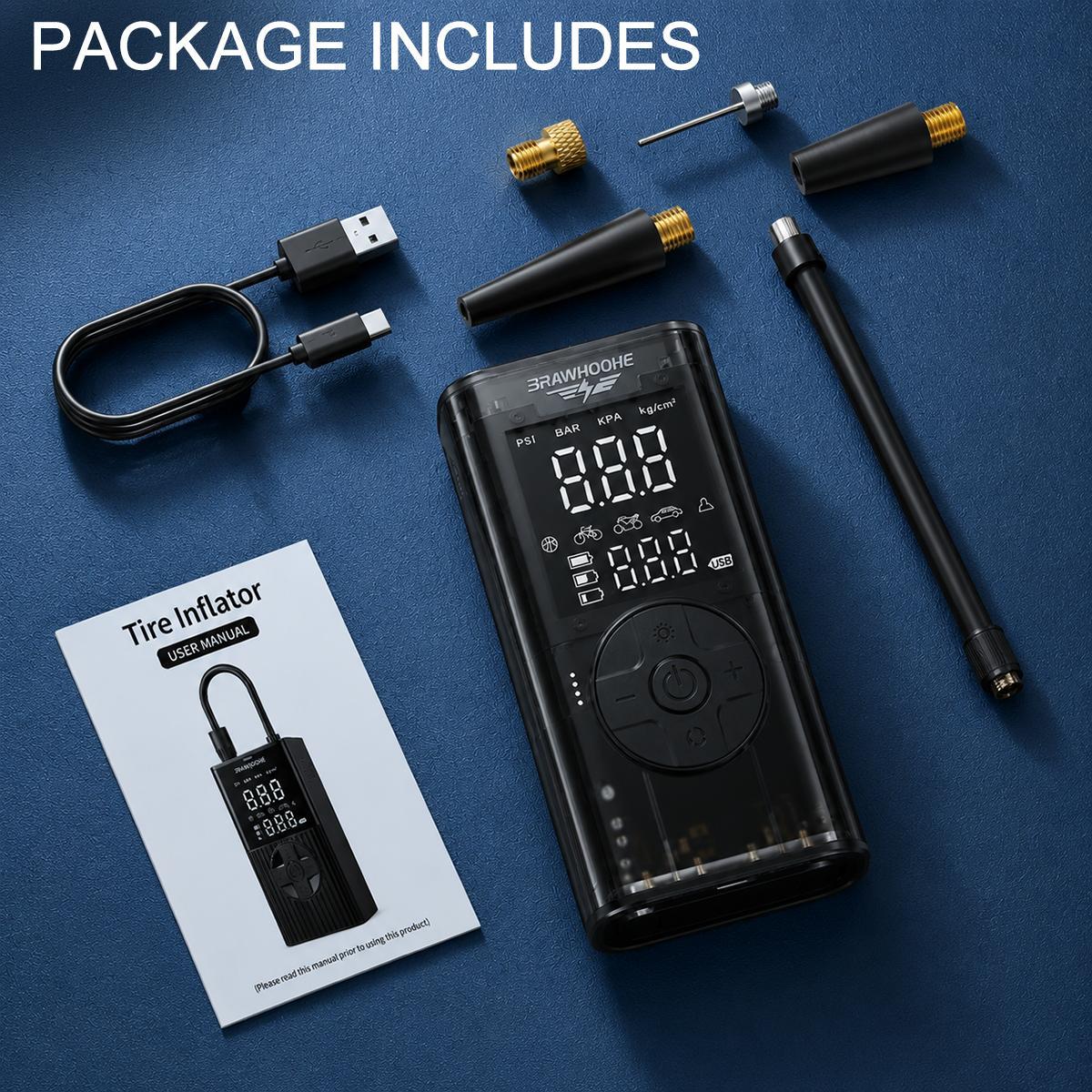 Wireless portable tire inflator pump, digital tire pressure gauge, automatic shut-off, car emergency air compressor, compatible with vehicles, bicycles, sports balls, multiple nozzle accessories + USB charging function