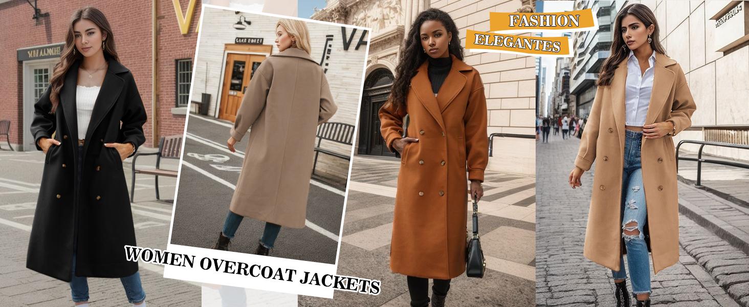 Danedvi Womens Notched Lapel Collar Double Breasted Pea Coat Winter Elegant Long Over Coats Jackets Tops Casual