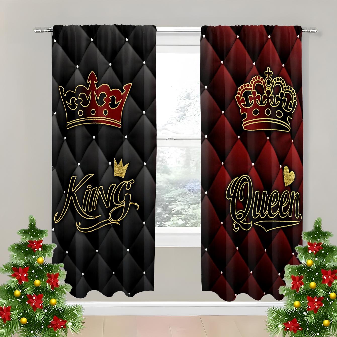 King & Queen Crown Pattern Curtains Set, Polyester Fiber Material, Light Luxury Palace Style, Rod Pocket Design, Suitable for Bedroom Living Room Decor, Window Curtain, Home Decoration Curtain