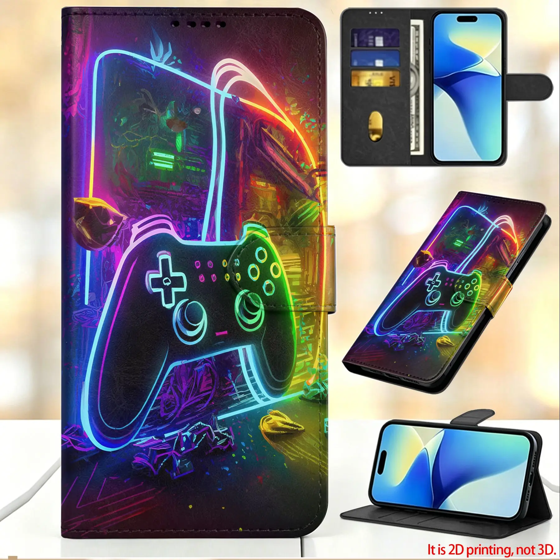 Phone Case Game Controller Neon Pattern Wallet Style with Card Slots Trendy Cool Style For Daily Commute Outdoor Play Game Enthusiasts Young People For iPhone13-17 and For Samsung For GalaxyS23-S26/M15/16/F55
