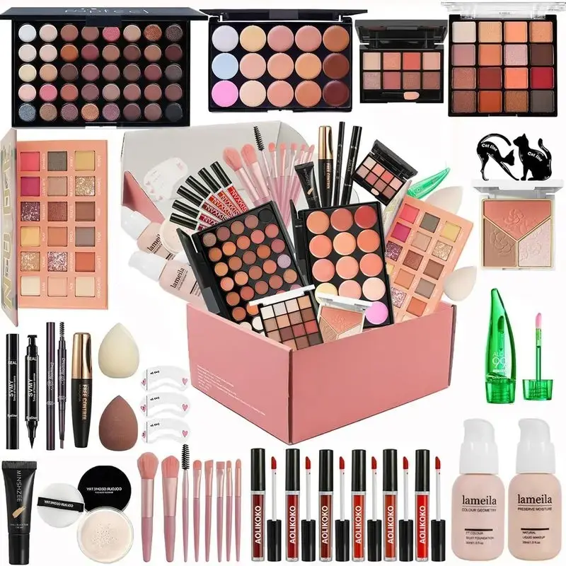 Beginner-Friendly All-in-1 Women's Makeup Kit, Complete Set with Eyeshadow Palette, Foundation, Lipstick, Eyeliner, Mascara, Makeup Brushes, Everyday Wear Festive Gift for Christmas Birthdays