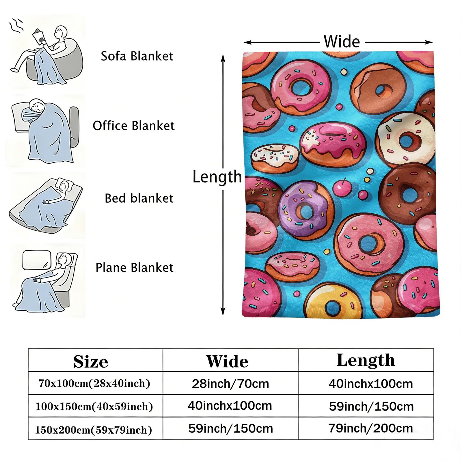 Colorful Donut Print Flannel Throw Blanket, Soft Warm Cozy Fleece Blanket for Couch Bed Sofa, Cute Cartoon Doughnut Decorative Blanket, All Season Plush Blanket, Perfect Gift Blanket for Home Decor, Travel, Nap, All Ages