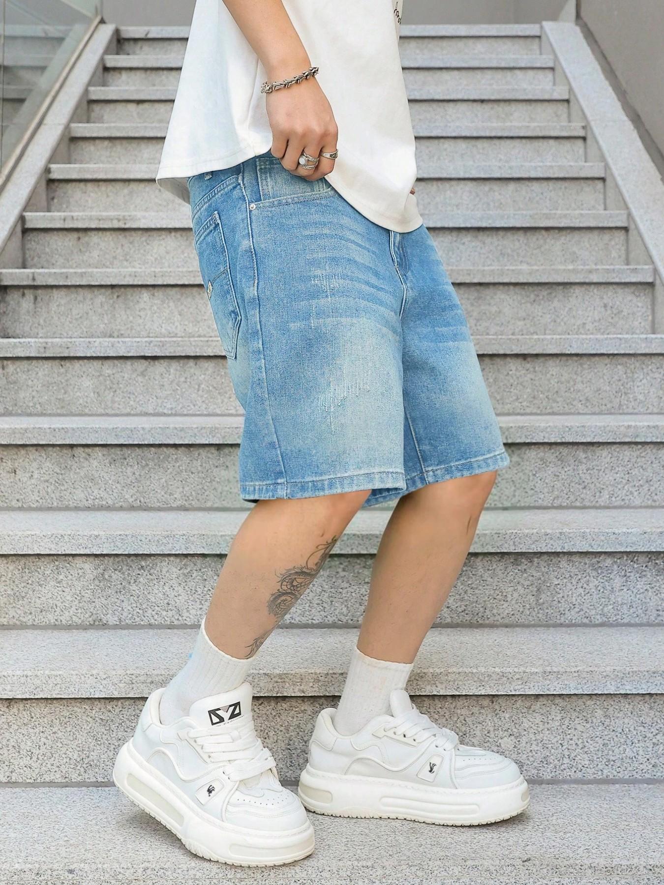 Men's Vintage Washed Classic Denim Shorts, Non-Elastic Straight Leg Fit, Simple Daily Wear Casual Pants, Loose-Fitting Short-Length Bottoms