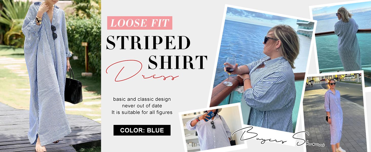 CHARTOU Women's Loose Striped Shirt Dress Casual Long Sleeve Dress Cotton Long Skirt CHARTOU Women's Loose Striped Shirt Dress Casual Long Sleeve Dress Cotton Long Skirt