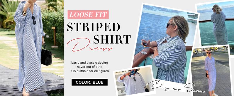 CHARTOU Women's Loose Striped Shirt Dress Casual Long Sleeve Dress Cotton Long Skirt