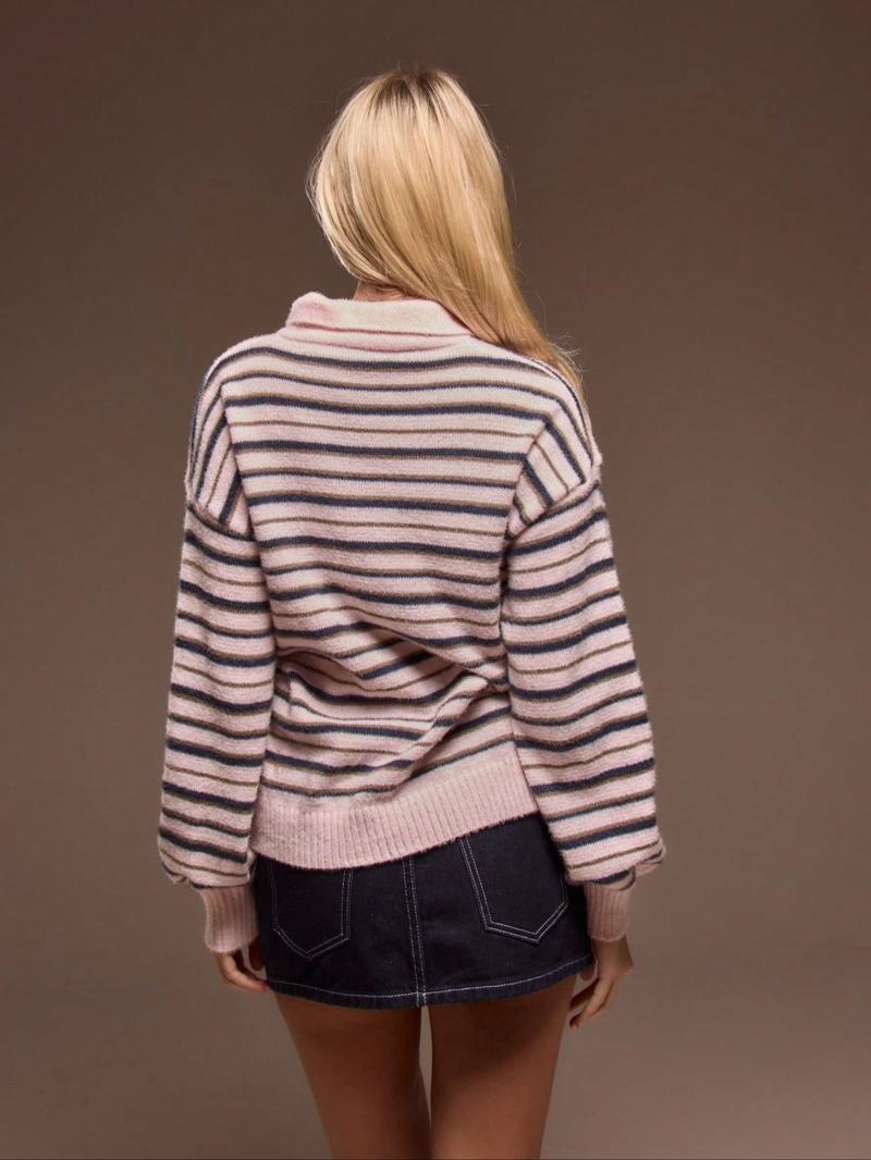 Soft Textured Striped Knit Polo Sweater Women's Retro Collar Button Cardigan Coat, Loose Long Sleeve Top with Sweet Academic Style for Valentine's Day Gentle Look