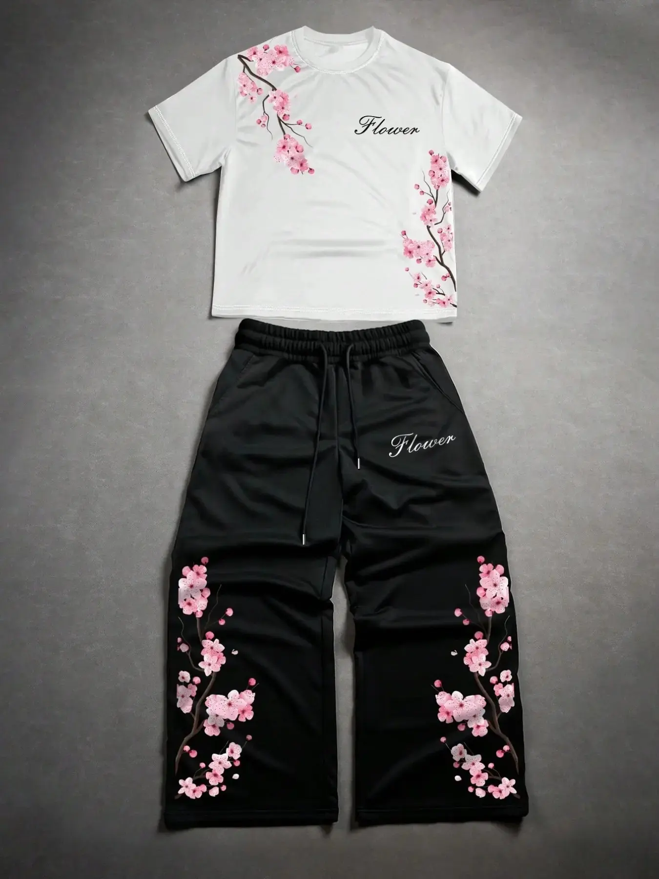 Men's Cherry Blossom Print Two-Piece Set, Soft Breathable Fabric, Casual Streetwear, All-Season Fashion, Loose-Fit T-Shirt & Wide Leg Pants