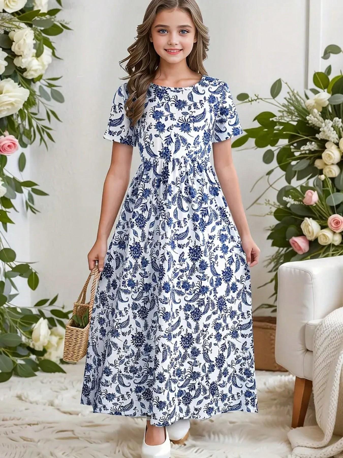 Boho Bohemian Style Paisley Full Print Short Sleeve Midi Dress, Girls' Holiday Casual Dress, Summer Gift, Fitted Leaf Pattern Dress
