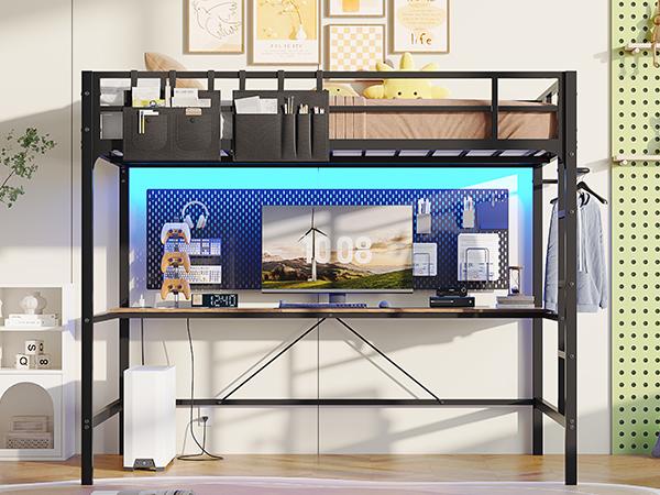 Hasuit Full Size Metal Loft Bed with Desk, LED Lights & Charging Station - Sturdy Space-Saving Bed Frame, Loft Bed Full Size Includes Safety Guard Rail & Ladder, No Box Spring Needed, Durable