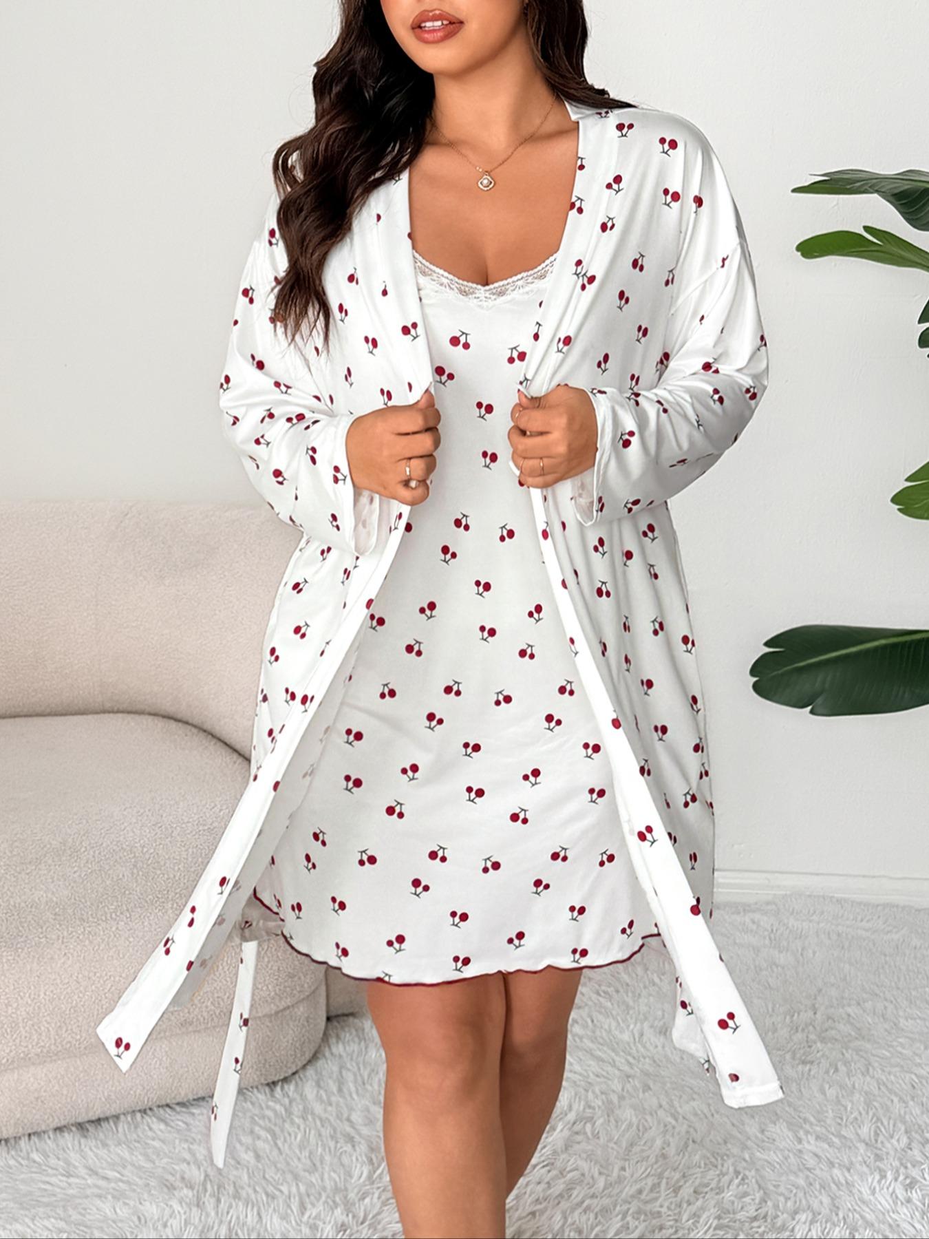 Plus Size Cherry Floral Lace Halter Dress + Long Sleeve Sleepwear Set, Sweet Casual Home Wear, Fitted Summer