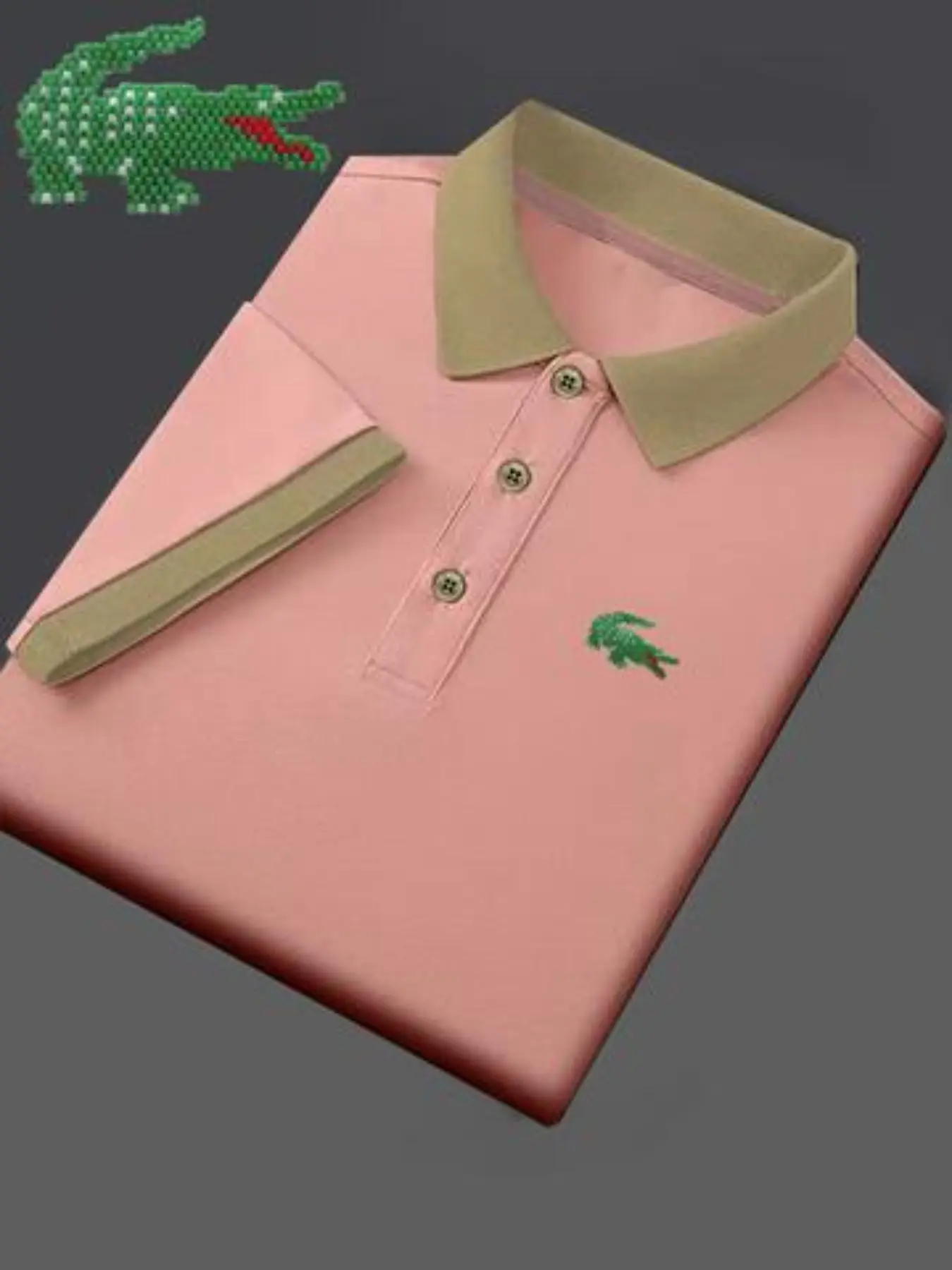 Ff4986 Fashion Crocodile Print Polo Shirt, Casual Fitted Short Sleeve, Breathable and Stretchy, All-Season Men's Top, Bestseller Style, Summer Polo Shirt