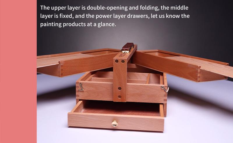 MEEDEN Artist Supply Storage Box - Portable Foldable Multi-Function Beech Wood Artist Tool & Brush Storage Box with Compartments & Drawer for Pastels, Pencils, Pens, Markers, Brushes