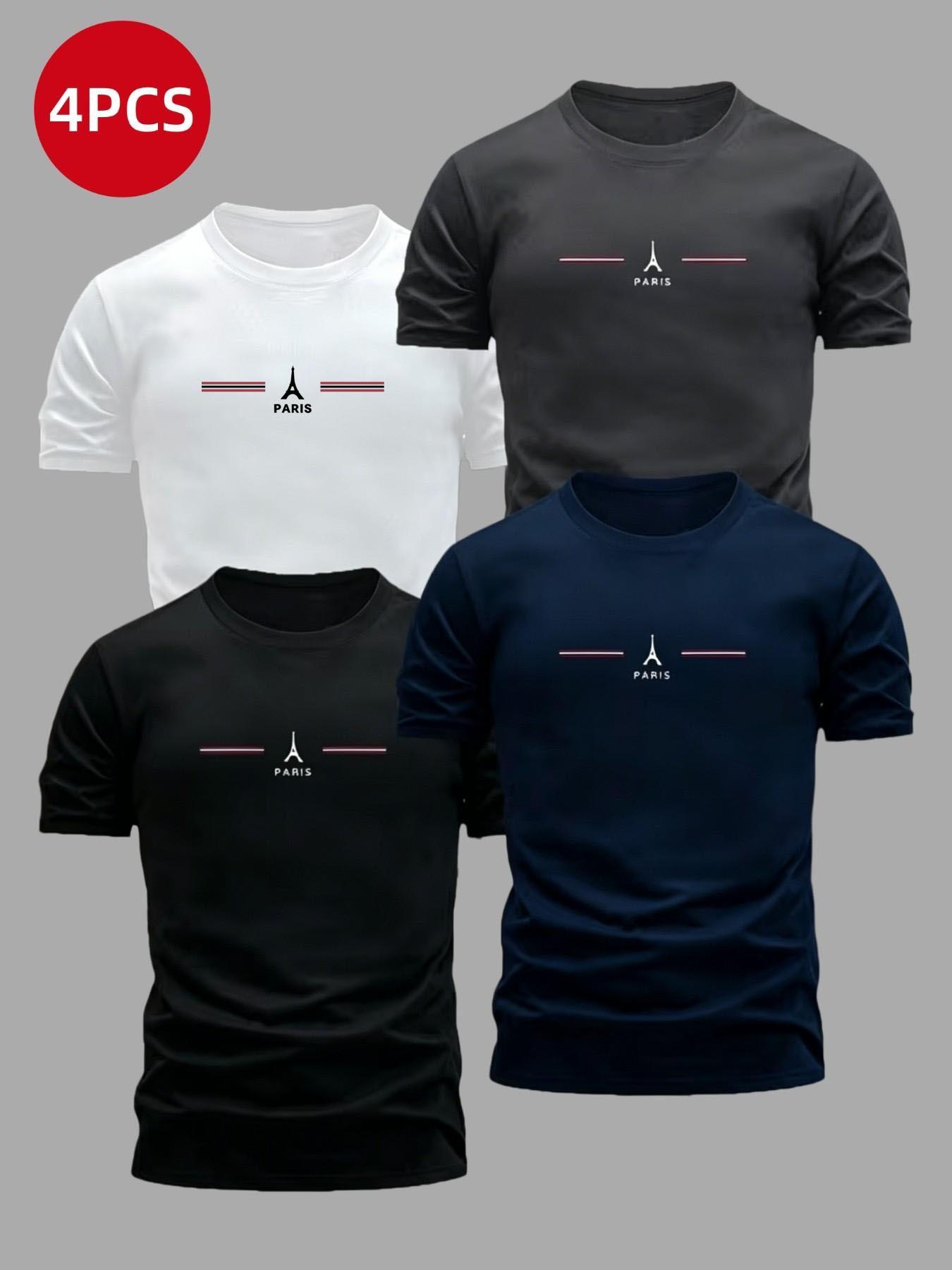 Men's 4-Piece T-Shirt Set, Paris Design Pattern, Fashion Sporty Casual Sports Tops, Comfortable Breathable, Outdoor Activities, Athletic, Fitness, Breathable Tops