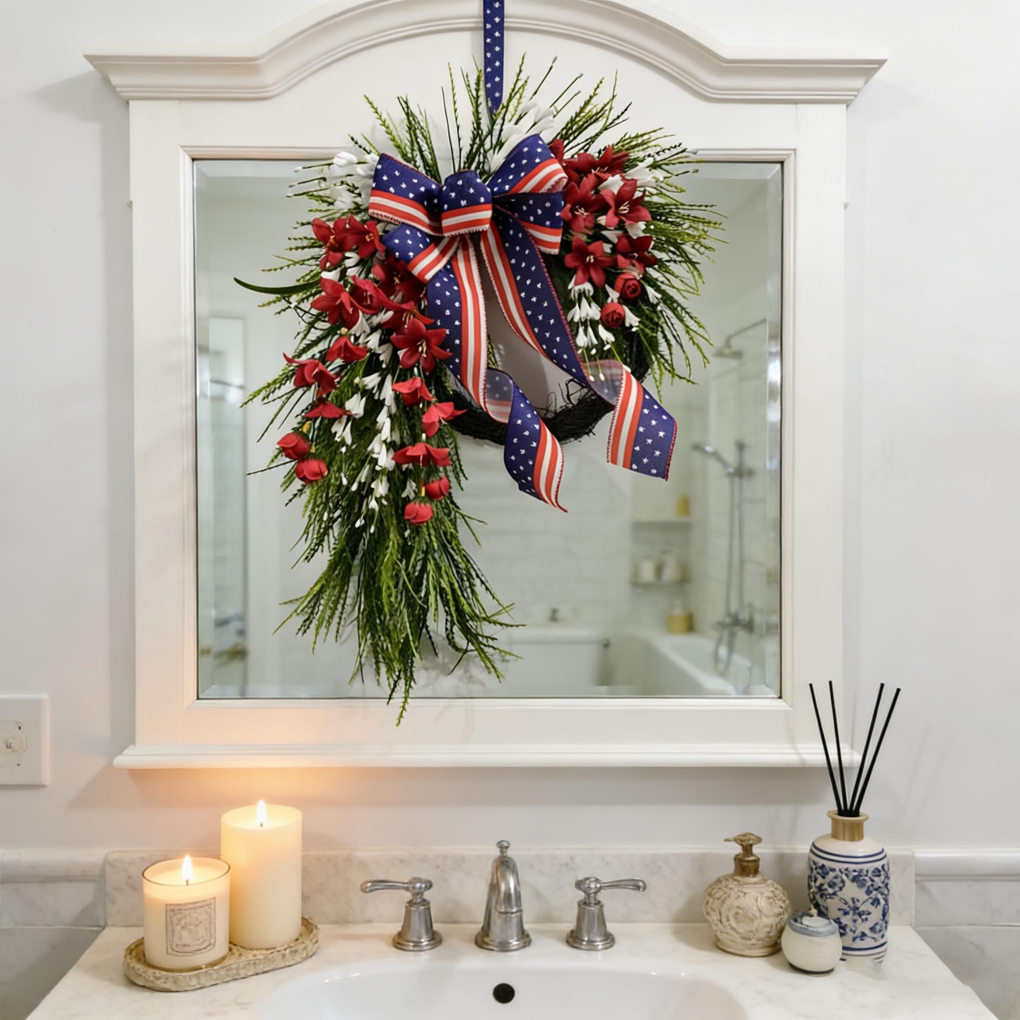 Elegant Patriotic Water Drop Wreath, Floral Accents, Star Spangled Bow, Memorial Day & Veterans Day Door Decor
