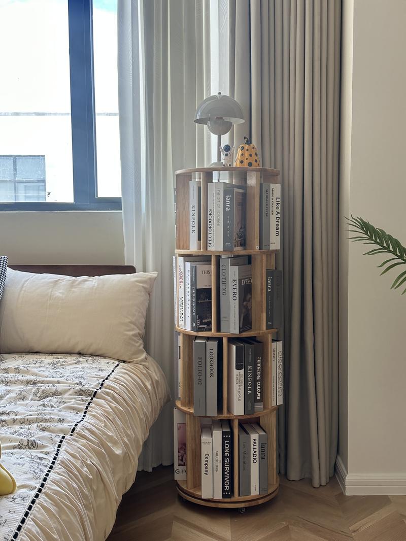 【School】100% Solid Wood - No MDF, Rotating Bookshelf on Wheels, Spinning Bookshelf Tower 360° Display Unique Round Bookcase for Home Study and Office Organization Furniture Stand