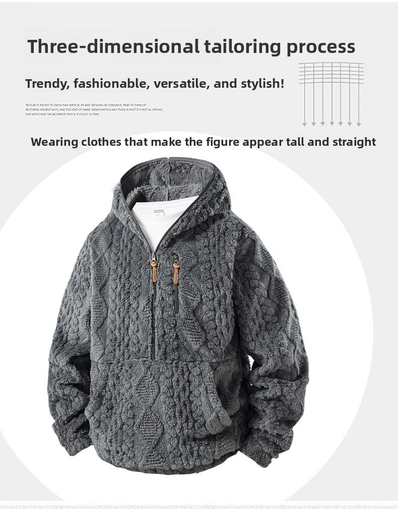 Men's Warm relaxed fit outer Jacquard Fabric Loose-Fit Full-Zip Hoodie Jacket - Plush Texture Plain Hooded Outer Coat with Decorative Zipper Pull, Kangaroo Pockets, for Outdoor Indoor, Urban Commute, Menswear Tops Men's Warm relaxed fit outer Jacquard Fabric Loose-Fit Full-Zip Hoodie Jacket - Plush Texture Plain Hooded Outer Coat with Decorative Zipper Pull, Kangaroo Pockets, for Outdoor Indoor, Urban Commute, Menswear Tops